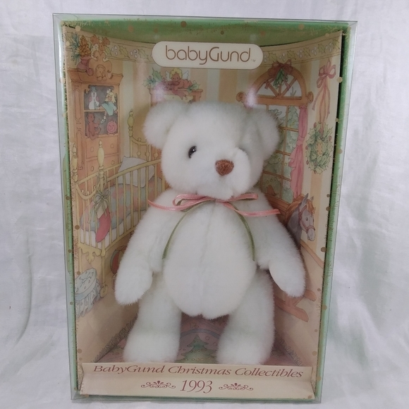 Gund Other - Baby Gund Christmas Collectibles 1993 Teddy Bear White Plush With Ribbon Bow NOS